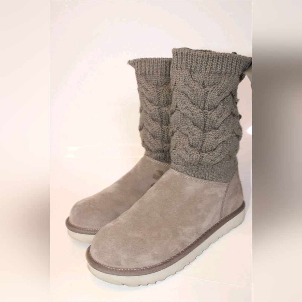 UGG Kiandra Willow Ribbon Bow Gray Knit Sweater Fabric Suede Shearling Boots 10 - Picture 14 of 16
